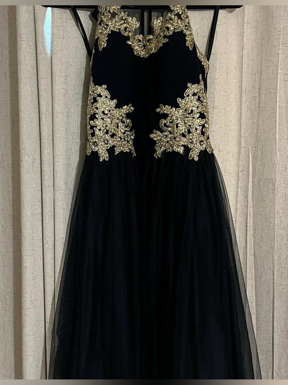 Girls Black Tulle Dress with Gold Lace Appliqué
